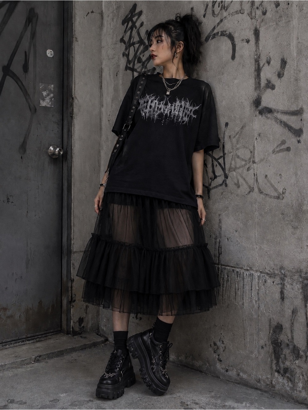 Goldie Lewinter Tulle Skirt Black Sheer Midi Overlay Ruffle Hem XS NWT - Picture 10 of 10